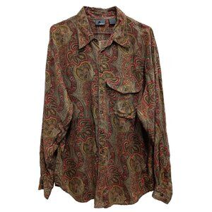 Vintage 90s LizWear Womens Shirt Large Orange Paisley Long Sleeve Button Up BOHO